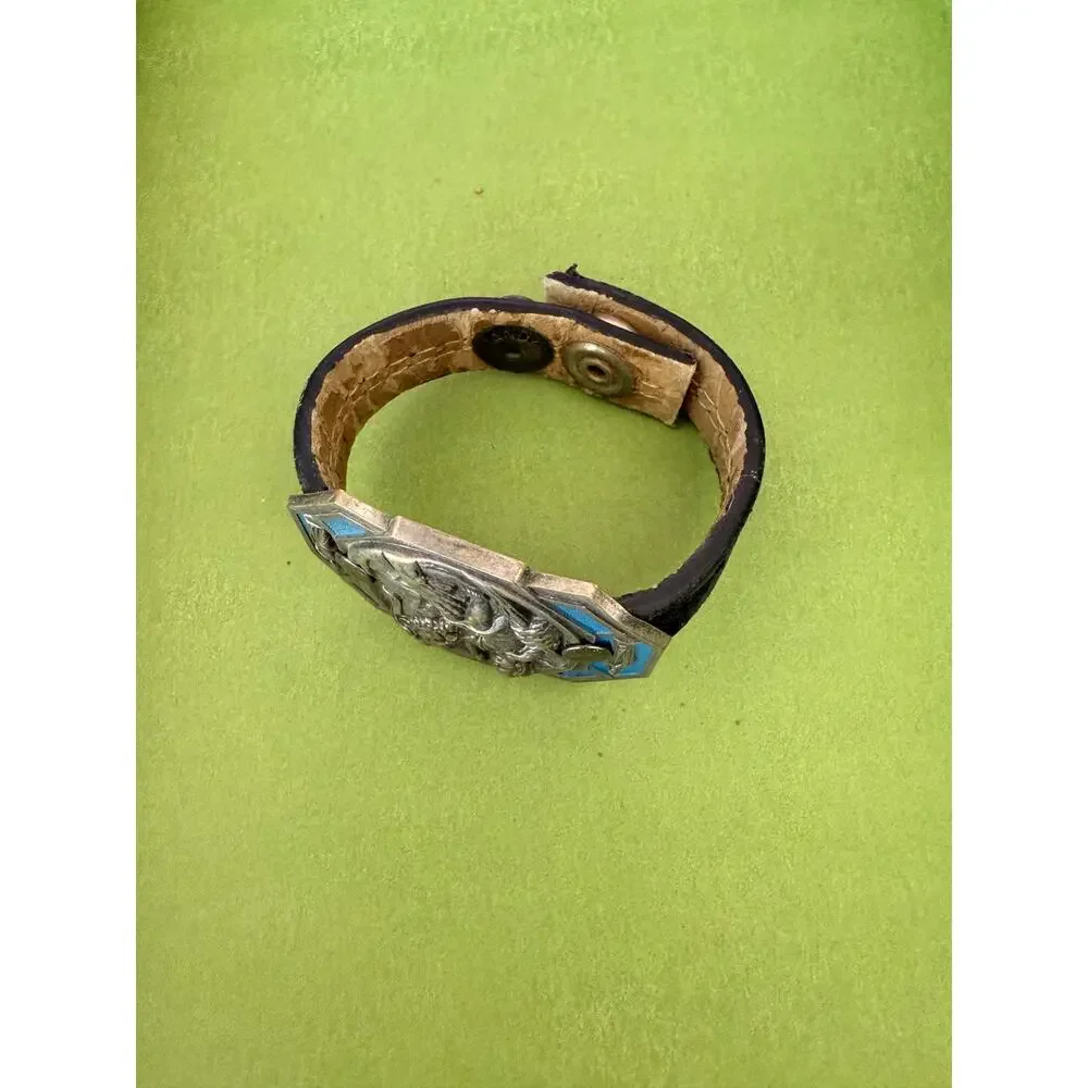 Vintage Handmade St. Christopher religious medallion leather bracelet